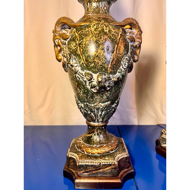 1980s 1980s Pair of Vintage Ram Head Faux Marble Faux Bronze Neoclassical Reproduction Lamps For Sale - Image 5 of 11