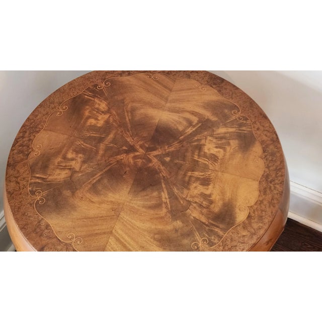 Rococo Antique Louis XV Revival Walnut Occasional Table With Inlaid Burl Top and Spindle Shelf, C. 1920s For Sale - Image 3 of 17