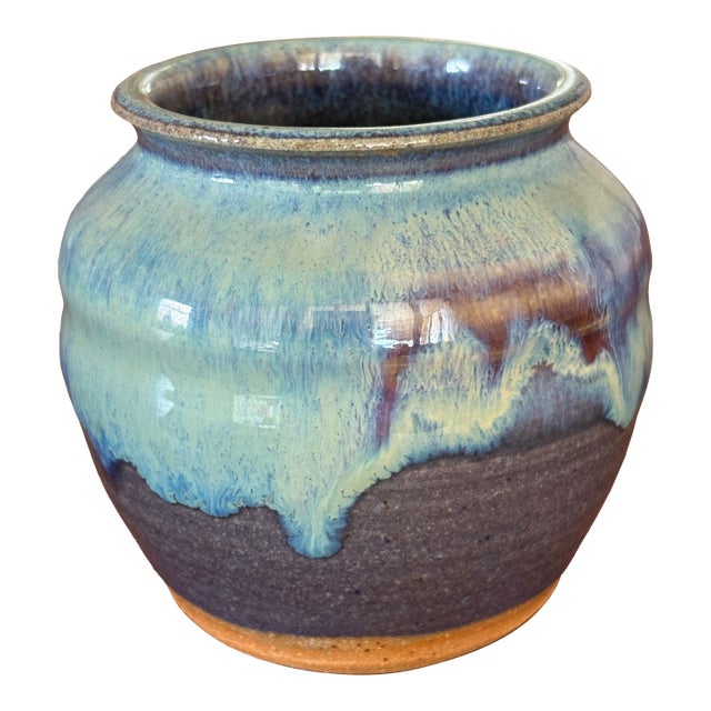 Small Arts & Crafts Cabinet Vase – Blue & Teal Drip Glaze For Sale