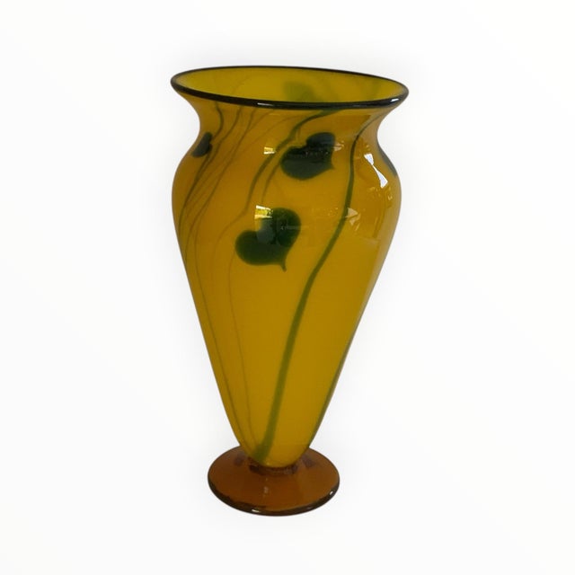 FANTASTIC Rick Strini Signed 2004 Hand-Blown Art Glass Vase 11.25" Yellow, Amber &amp; Green Botanical Design Made in...