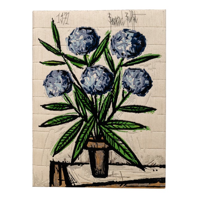 Vintage Tapestry Canvas The Blue Hydrangeas by Bernard Buffet, 1971 For Sale