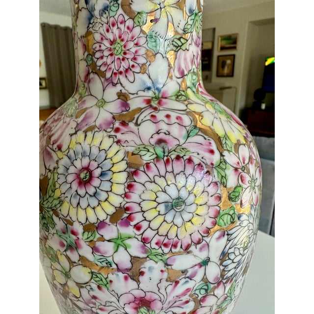 Single Chinese Famille Rose Millefleurs Porcelain Table Lamp For Sale - Image 13 of 17