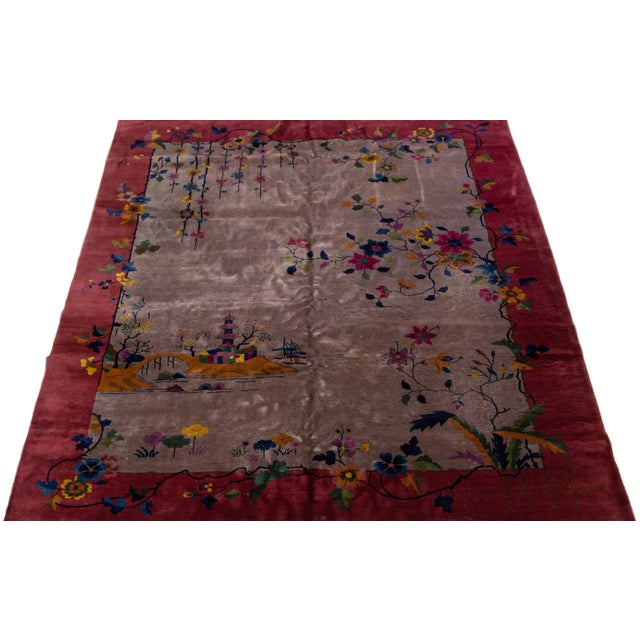 Art Deco 1920s Antique Art Deco Brown and Red Chinese Handmade Wool Rug For Sale - Image 3 of 7