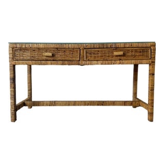 Vintage Palm Beach Regency Coastal Rattan Console Table With Glass Top For Sale