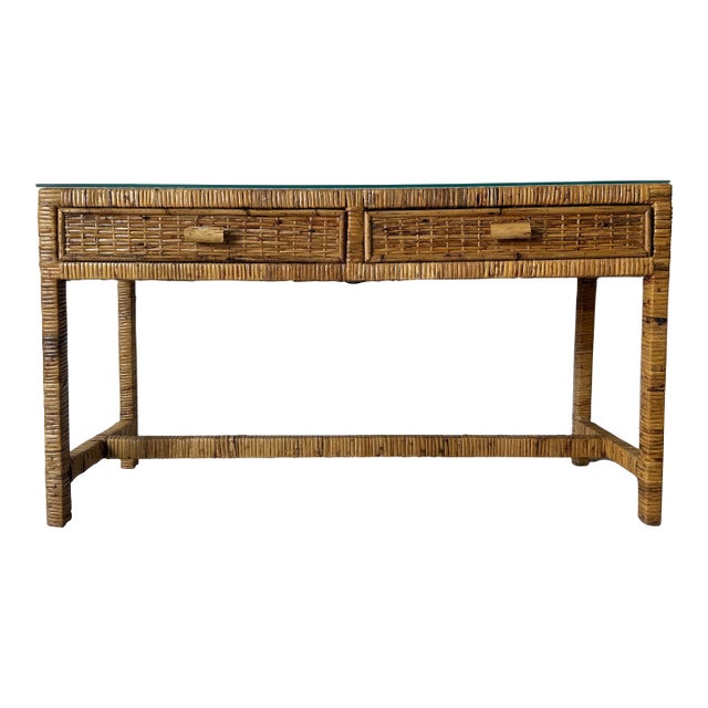 Vintage Palm Beach Regency Coastal Rattan Console Table With Glass Top/ Sold For Sale
