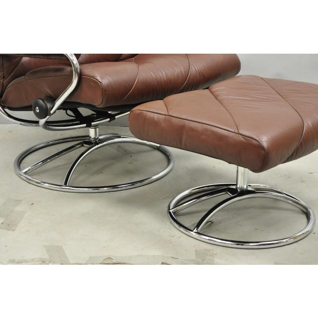 Vintage Ekornes Stressless Brown Leather Reclining Swivel Lounge Chair & Ottoman For Sale - Image 14 of 18