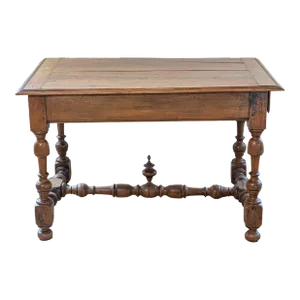 French 1850s Louis XIII Style Cherry Table with Lateral Drawer and Turned Legs