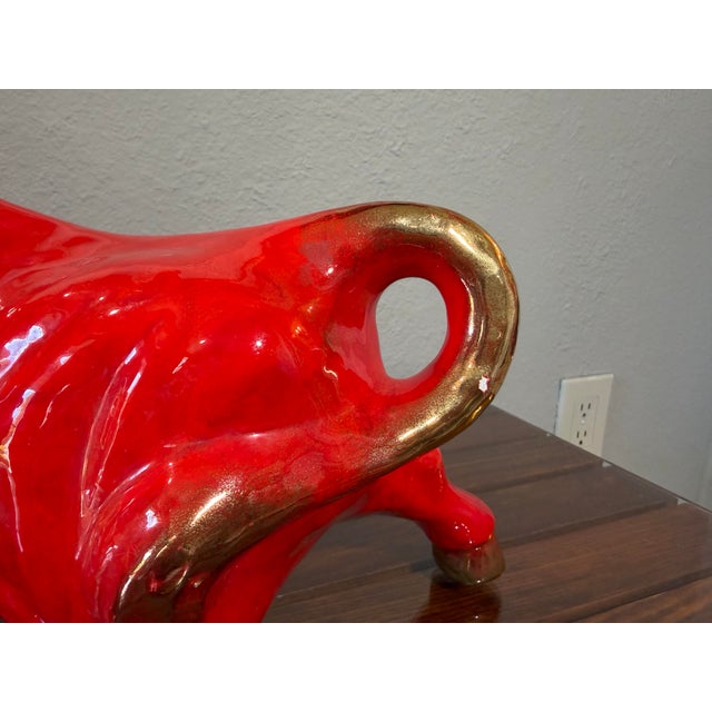 Large Pair of 1950s MCM Glossy Firehouse Red and Gilded Kt Gold Paint Accents Ceramic Fighting Bull and Matador Figurines For Sale - Image 9 of 12