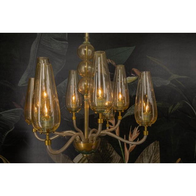 Italian Murano Glass Eight-Light Chandelier with Golden Accents, 1970s For Sale - Image 3 of 18
