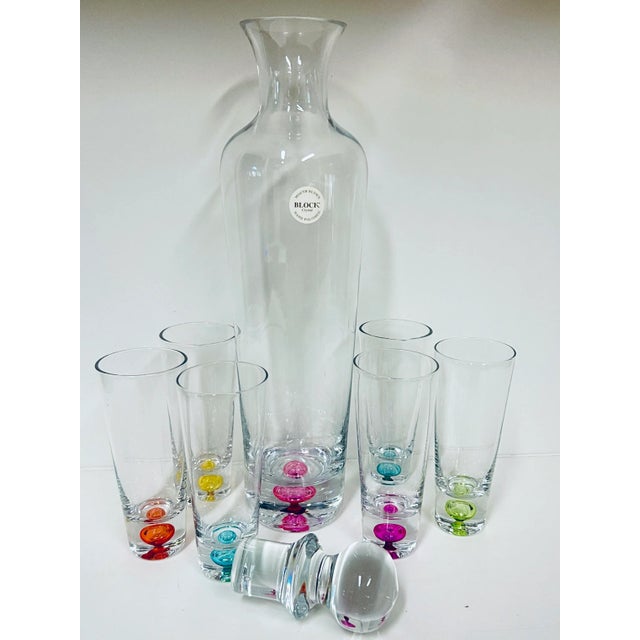 Mid-Century Modern Vintage Mouth Blown Crystal Multi-Colored Weighted Bottoms Decanter and 6 Cordial Glasses Barware Set For Sale - Image 3 of 10