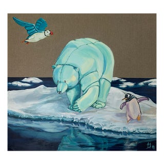 Sofía Cristina Jiménez, Polar Bear and Puffin as Inflatable Figures on Arctic Ice, 2023, Acrylic on Canvas For Sale