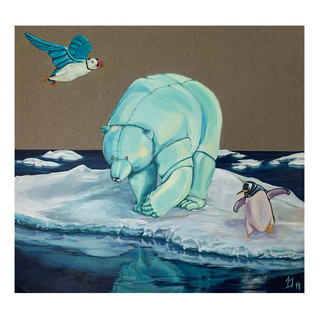 Sofía Cristina Jiménez, Polar Bear and Puffin as Inflatable Figures on Arctic Ice, 2023, Acrylic on Canvas For Sale