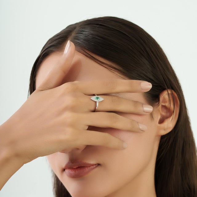 Diamond Studded Regal Emerald Engagement Ring With Marquise Halo, Size 7 For Sale - Image 4 of 14