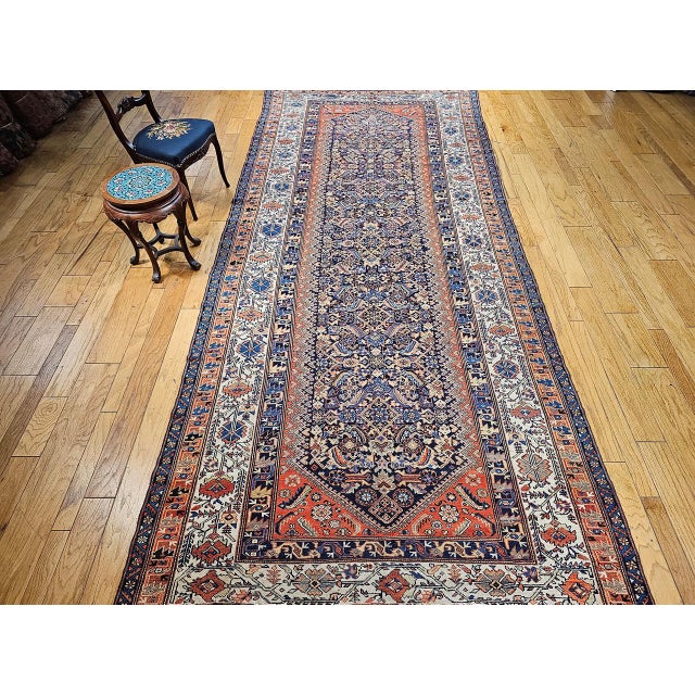 Navy Blue Antique Persian Malayer Gallery Rug, Hand-Knotted Wool, Geometric Pattern, 7x15, Navy & Ivory For Sale - Image 8 of 18
