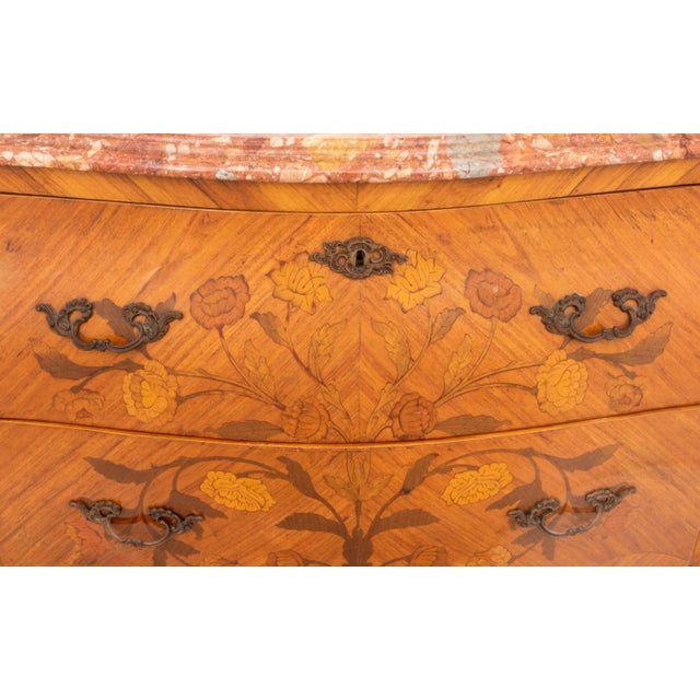 Late 19th Century Louis XV Style Marble Top Marquetry Bombe Chest For Sale - Image 5 of 8