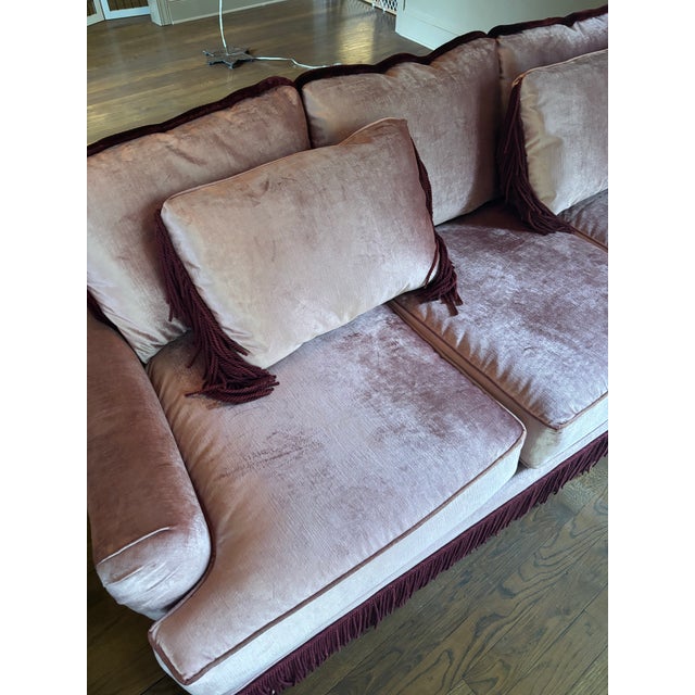 Dusty Rose Velvet Sofa With Samuel & Sons Burgundy Brush & Bullion Fringe Trim For Sale - Image 9 of 10