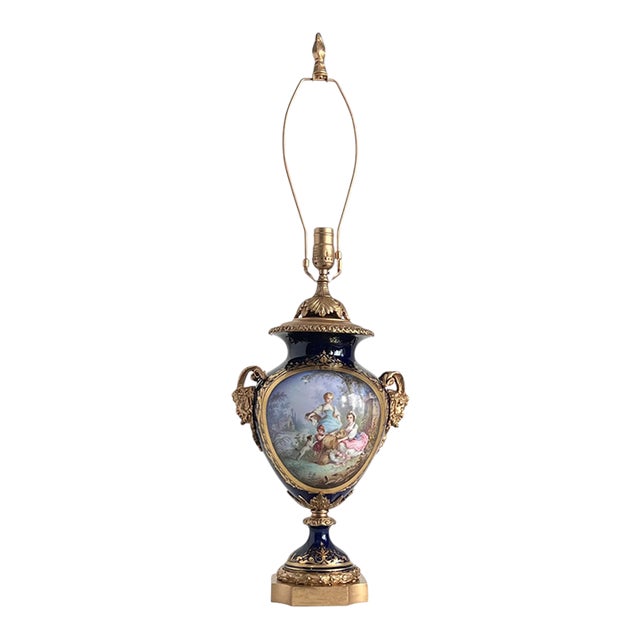 Antique Sevres Style Bronze Ormolu Têtes De Satyres Cobalt Blue Porcelain Table Lamp For Sale