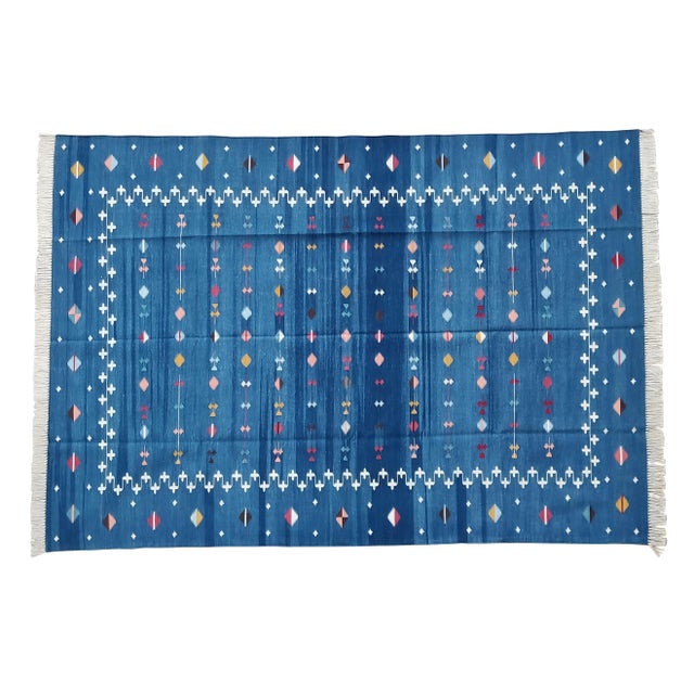 Handmade Cotton Shooting Star Rug, Blue Multi 9'x12' For Sale - Image 9 of 11