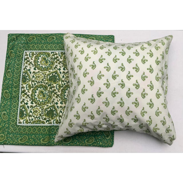 Pair Vintage French Block Print Cotton Pillow Covers, Green Floral Paisley, Paris For Sale - Image 4 of 6