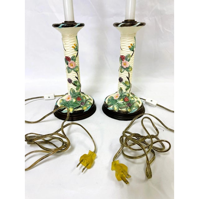 Vintage Italian Ceramic Majolica Candlestick Lamps With Pierced Paper Lampshades- Set of 2 For Sale - Image 12 of 12