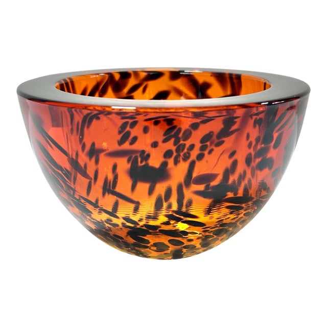 Italian Crystal Tortoiseshell Bowl – Amber Art Glass Catchall – Hollywood Regency Decor For Sale
