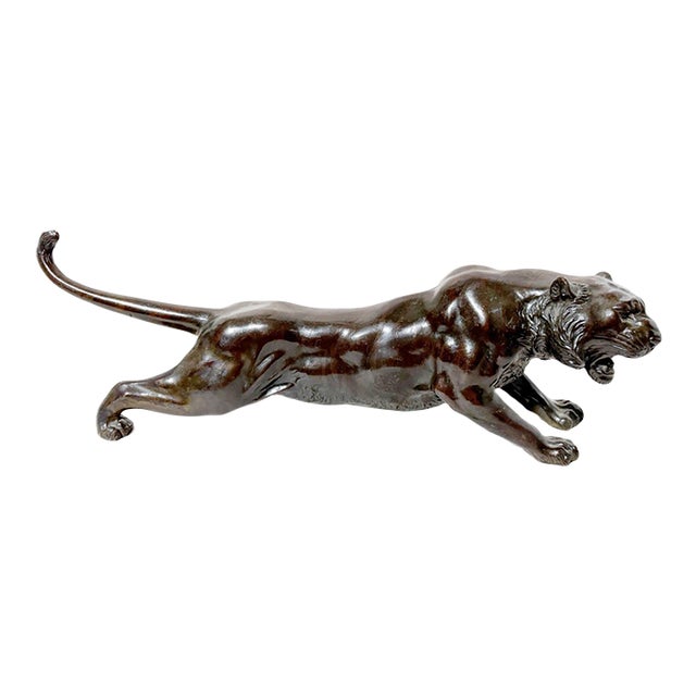 Antique 19th Century Japanese Meiji Okimono Bronze Tiger Sculpture - Signed For Sale