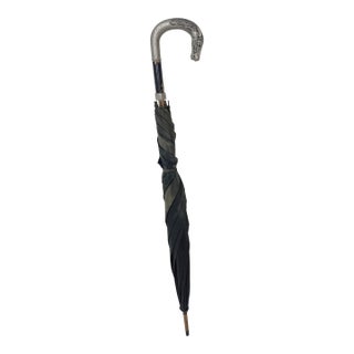 Antique Figural Horse Wood Silver Tone Metal Black Umbrella Parasol For Sale