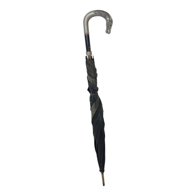Antique Figural Horse Wood Silver Tone Metal Black Umbrella Parasol For Sale