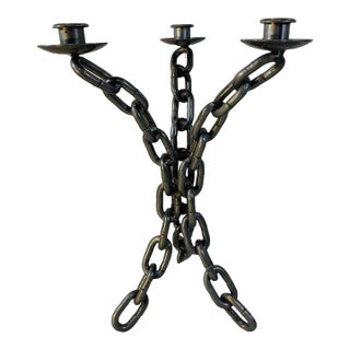 Late 20th Century Brutalist Industrial Chain Link Candelabra – 3 Arm Taper Candle Holder For Sale