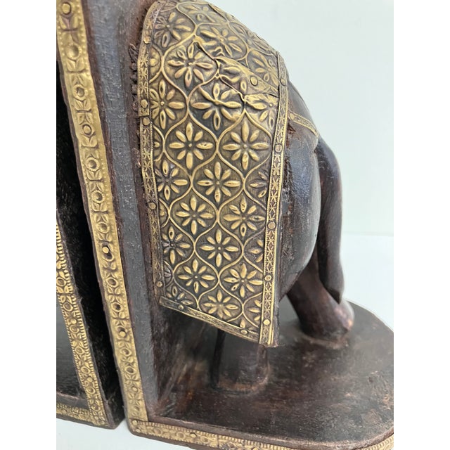 Wood Vintage Carved Wooden Elephant Bookends With Brass Inlay – Pair For Sale - Image 7 of 10