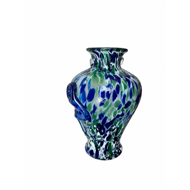 Glass Blue and Green Spatter Art Glass Vase With Cobalt Scroll Handles For Sale - Image 7 of 15