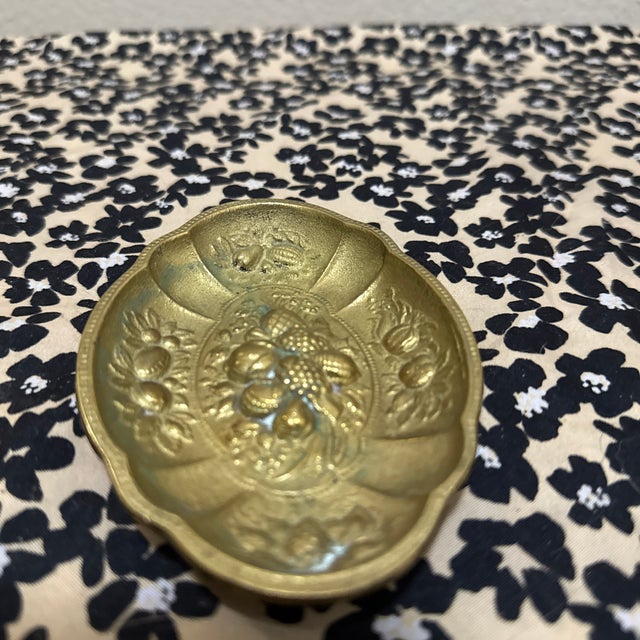 French Vintage Brass Trinket or Jewelry Dish Featuring an Ornate, Embossed (Repoussé) Fruit and Vegetable Motif For Sale - Image 3 of 5