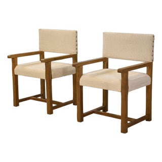 Brutalist Armchairs in Oak and Ecru Boucle Fabric, 1950s, Set of 2 For Sale