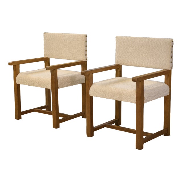 Brutalist Armchairs in Oak and Ecru Boucle Fabric, 1950s, Set of 2 For Sale