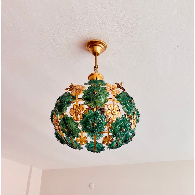 1970s Mid-Century Modern Style Teal Turquoise Hand-Painted Glass and Gold Floral Chandelier⁠ For Sale - Image 10 of 17