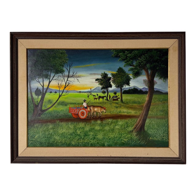 Vintage Victor Chavarría M. Folk Art Spanish Landscape Oil on Canvas Painting, Framed For Sale