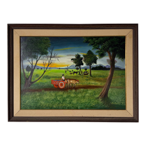 Vintage Victor Chavarría M. Folk Art Spanish Landscape Oil on Canvas Painting, Framed