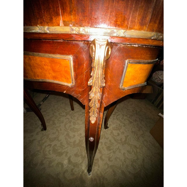 Brown Antique French-Style Writing Desk With Ornate Carvings & Inlaid Wood For Sale - Image 8 of 14