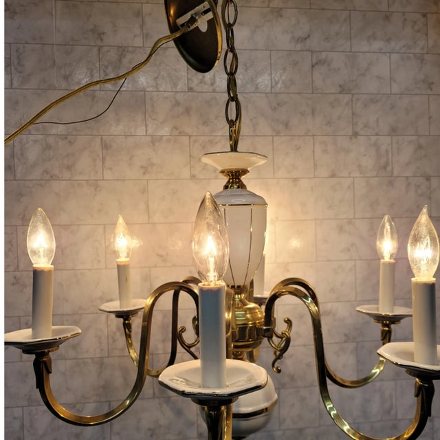 Vintage Chandelier Mid Century Italian White and Gold Hollywood Regency Brass and Ceramic Porcelain Elegant White Ceramic...