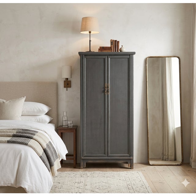 Oriental Weathered Gray Tall Narrow Noodle Cabinet Armoire For Sale - Image 10 of 10