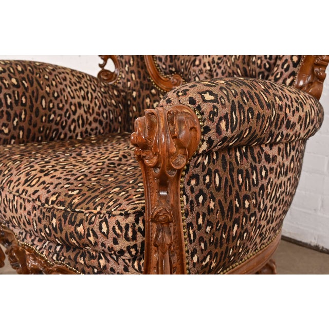 Wood Italian Baroque Ornate Carved Walnut Throne Chairs or Lounge Chairs With Leopard Print Upholstery For Sale - Image 7 of 12