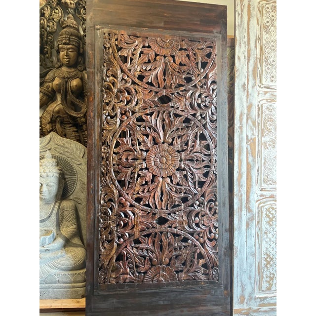 1920s Vintage Carved Wood Lotus Lattice Barn Door – Ornate Room Divider & Wall Panel 92.5x40.5 For Sale - Image 5 of 7