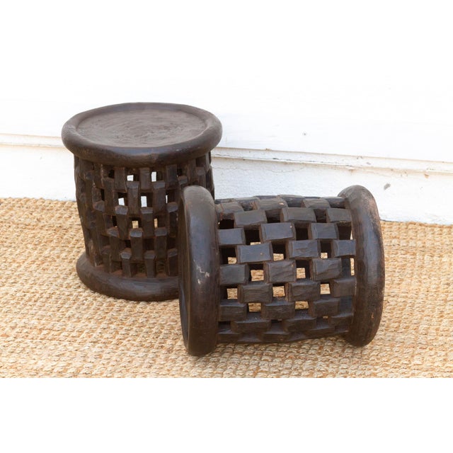 Set of 2, Bamileke Carved Geometric Lattice End Tables For Sale In Los Angeles - Image 6 of 7