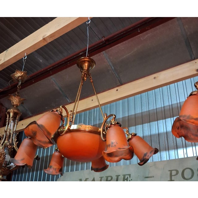 Art Nouveau Chandeliers in Bronze and Orange Glass Paste, 1950s, Set of 2 For Sale - Image 4 of 9