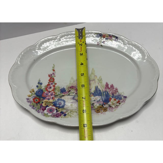 Mid 20th Century Japanese Porcelain Oval Platter With English Cottage Garden Scene, C. 1950s For Sale - Image 4 of 5