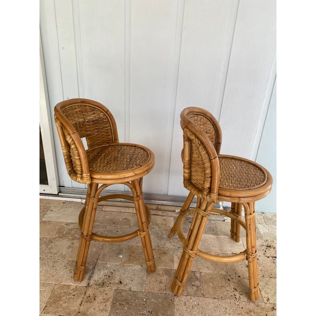 Vintage Boho Chic Wicker Golden Rattan and Bamboo Bar Stools a Pair