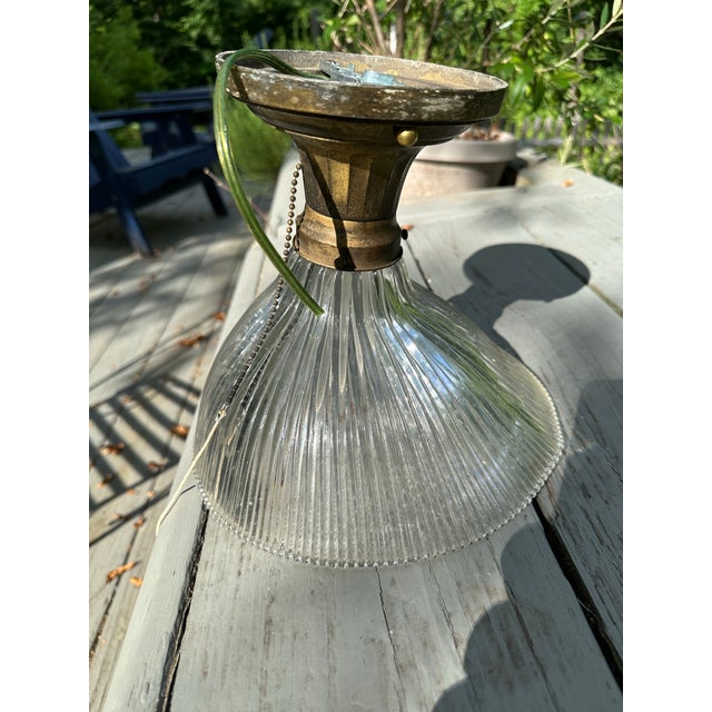 Metal Vintage Cast Brass Flushmount Fixture With Asymmetrical Holophane Shade For Sale - Image 7 of 7