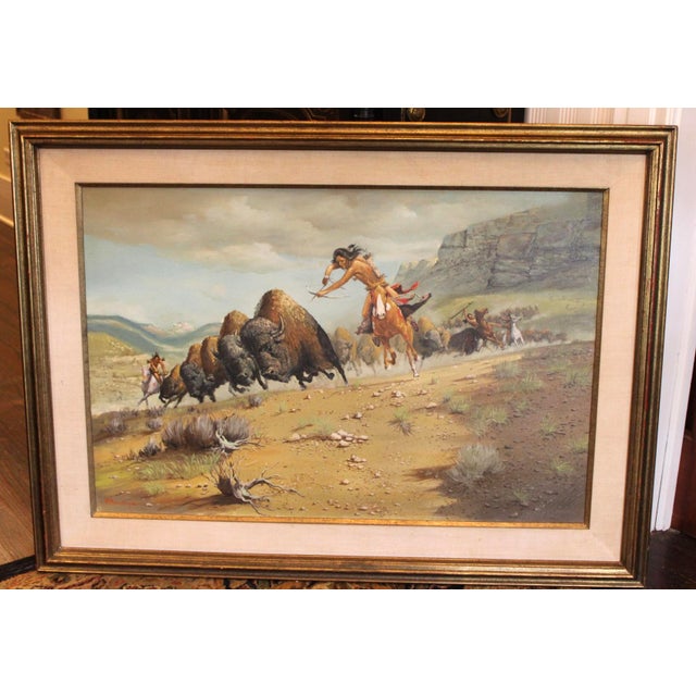 This is a beautiful vintage original oil painting of a Native American Buffalo Hunt by PT Mendoza. This is a large,...