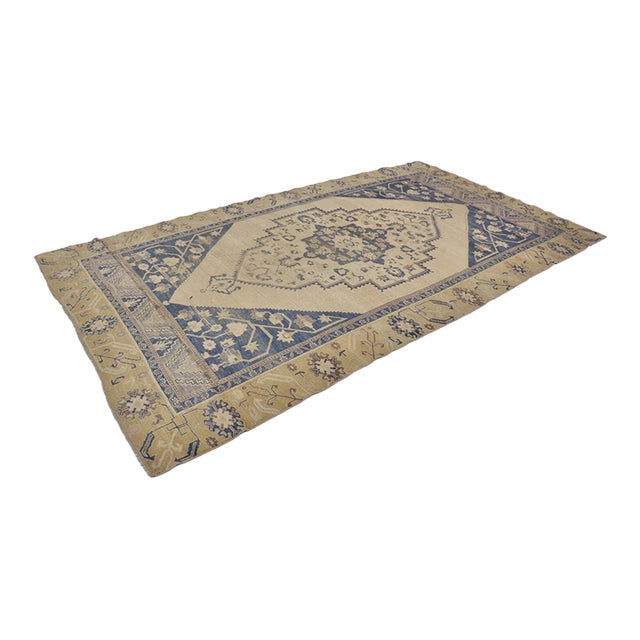 Vintage Turkish Oushak Rug in Creamy Ivory, Indigo Navy & Soft Ochre For Sale