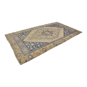 Vintage Turkish Oushak Rug in Creamy Ivory, Indigo Navy & Soft Ochre